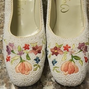 Handmade beaded/floral embroidered kitten heels